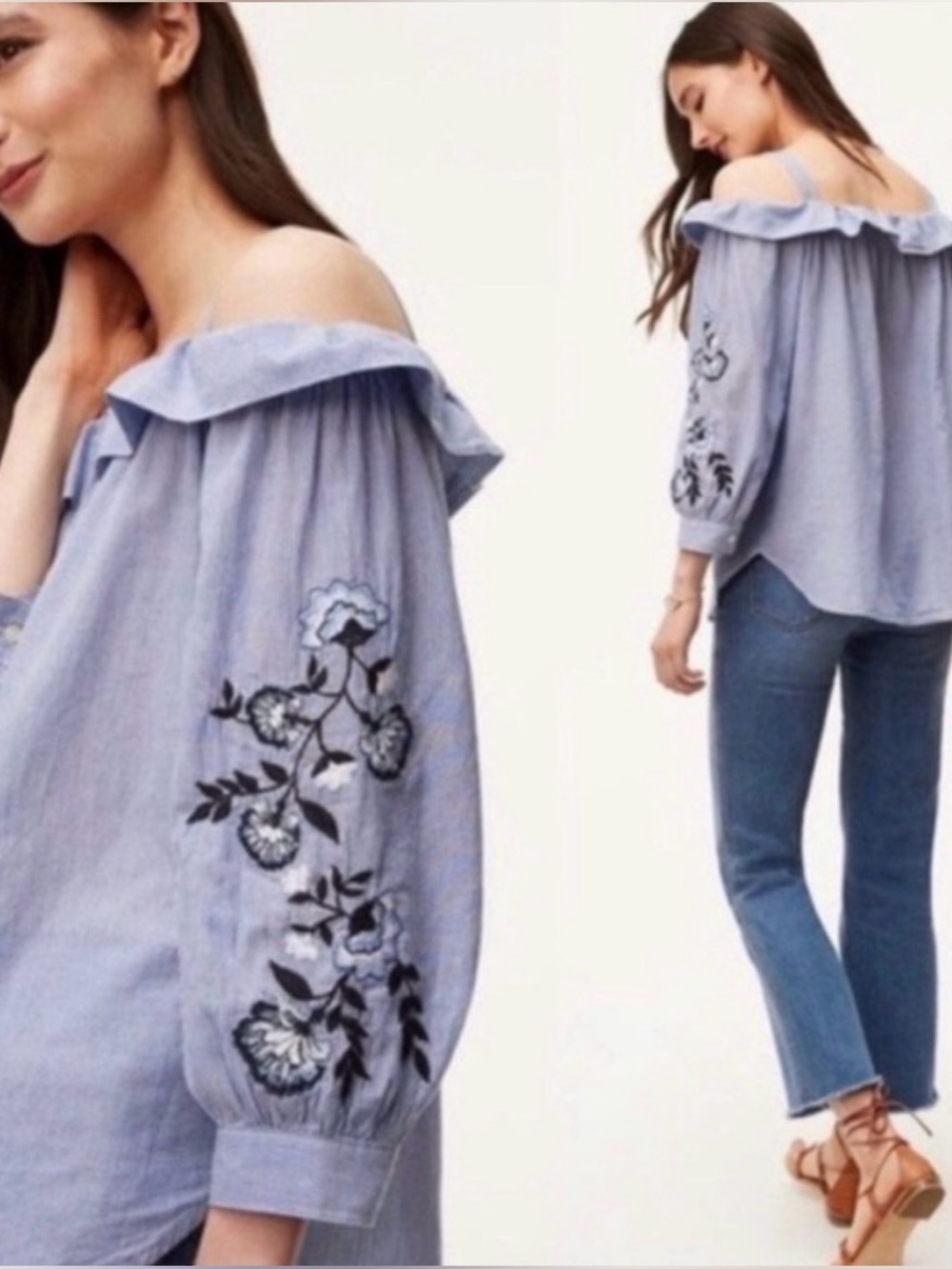Loft Cold Shoulder Striped Embroidered Top Size Medium Petite Blue & White